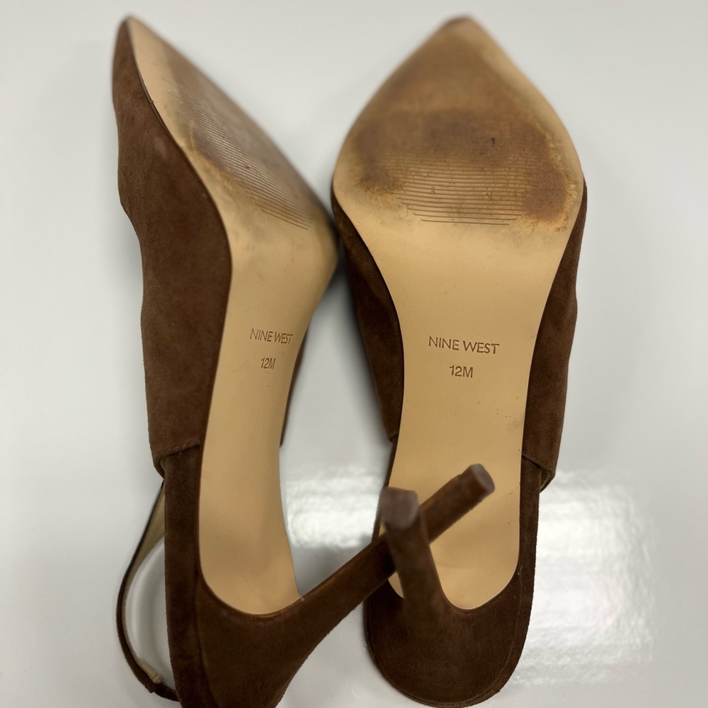 Nine West Feather‎ Pointy Toe Slingback Brown Suede Heels Sz. 12 - Picture 5 of 7